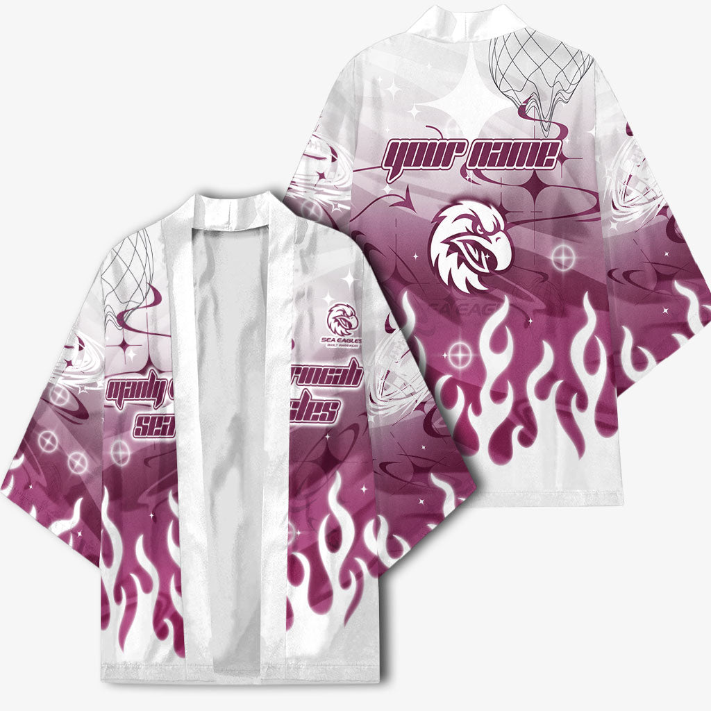 Personalized Manly Warringah Sea Eagles Kimono Y2K Grunge Aesthetic With Cyber Flames and Starburst Graphics