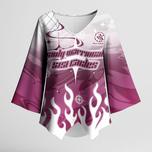 Personalized Manly Warringah Sea Eagles Kimono Sleeve Blouse Y2K Grunge Aesthetic With Cyber Flames and Starburst Graphics