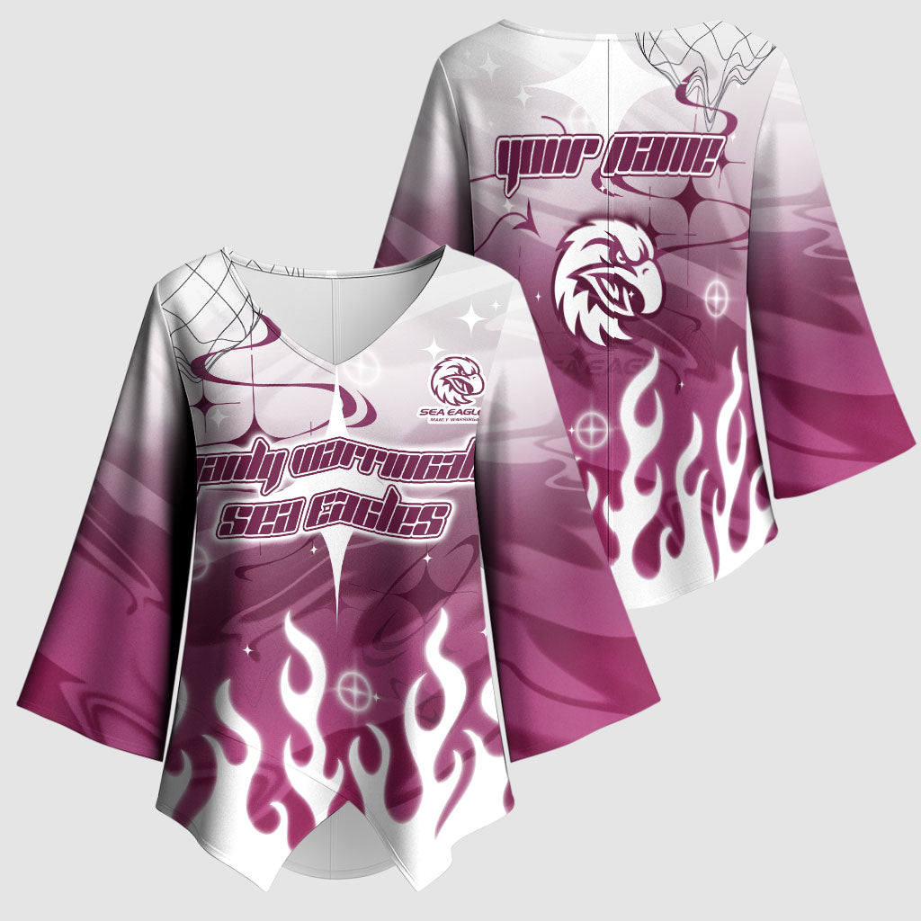 Personalized Manly Warringah Sea Eagles Kimono Sleeve Blouse Y2K Grunge Aesthetic With Cyber Flames and Starburst Graphics