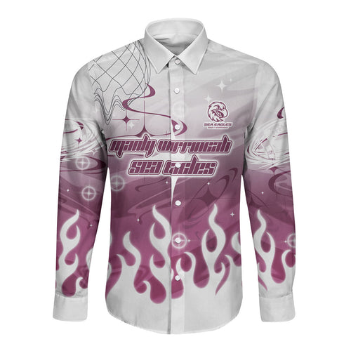 Personalized Manly Warringah Sea Eagles Long Sleeve Button Shirt Y2K Grunge Aesthetic With Cyber Flames and Starburst Graphics