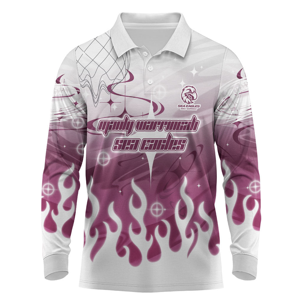 Personalized Manly Warringah Sea Eagles Long Sleeve Polo Shirt Y2K Grunge Aesthetic With Cyber Flames and Starburst Graphics