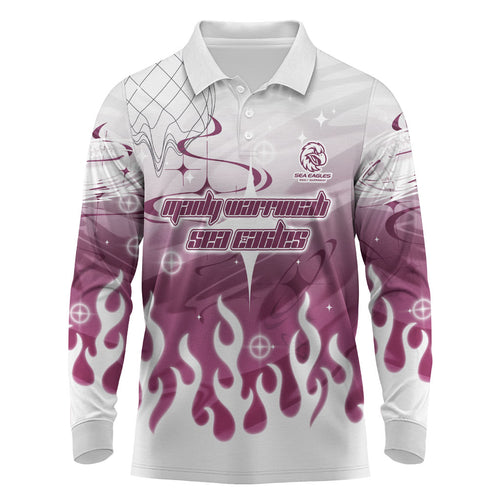 Personalized Manly Warringah Sea Eagles Long Sleeve Polo Shirt Y2K Grunge Aesthetic With Cyber Flames and Starburst Graphics