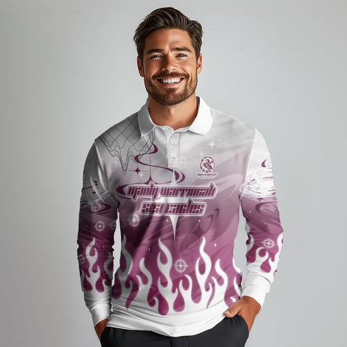 Personalized Manly Warringah Sea Eagles Long Sleeve Polo Shirt Y2K Grunge Aesthetic With Cyber Flames and Starburst Graphics