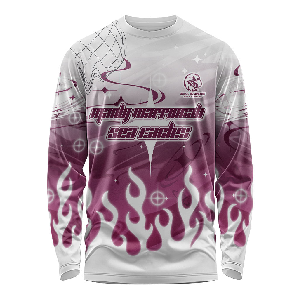 Personalized Manly Warringah Sea Eagles Long Sleeve Shirt Y2K Grunge Aesthetic With Cyber Flames and Starburst Graphics