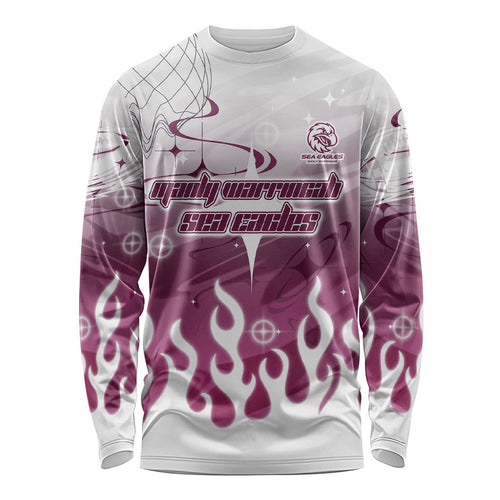 Personalized Manly Warringah Sea Eagles Long Sleeve Shirt Y2K Grunge Aesthetic With Cyber Flames and Starburst Graphics