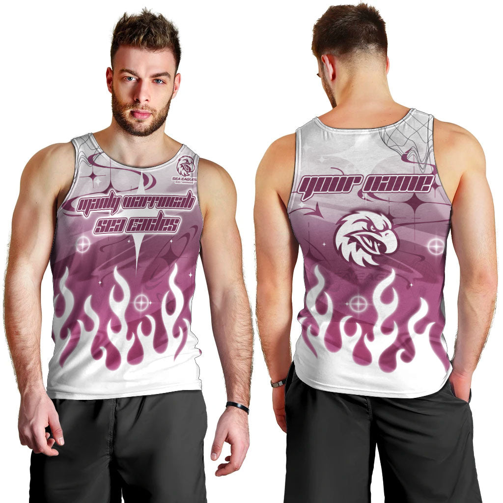 Personalized Manly Warringah Sea Eagles Men Tank Top Y2K Grunge Aesthetic With Cyber Flames and Starburst Graphics