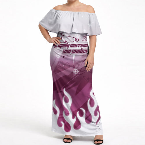 Personalized Manly Warringah Sea Eagles Off Shoulder Maxi Dress Y2K Grunge Aesthetic With Cyber Flames and Starburst Graphics