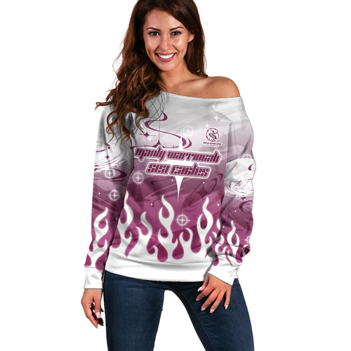 Personalized Manly Warringah Sea Eagles Off Shoulder Sweater Y2K Grunge Aesthetic With Cyber Flames and Starburst Graphics