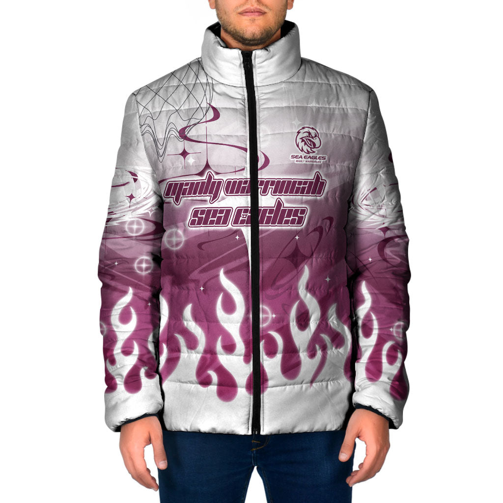 Personalized Manly Warringah Sea Eagles Padded Jacket Y2K Grunge Aesthetic With Cyber Flames and Starburst Graphics