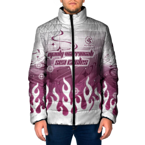 Personalized Manly Warringah Sea Eagles Padded Jacket Y2K Grunge Aesthetic With Cyber Flames and Starburst Graphics