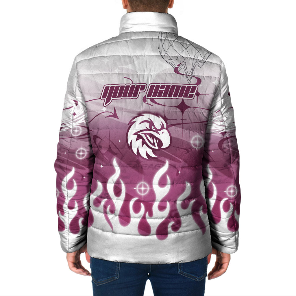Personalized Manly Warringah Sea Eagles Padded Jacket Y2K Grunge Aesthetic With Cyber Flames and Starburst Graphics
