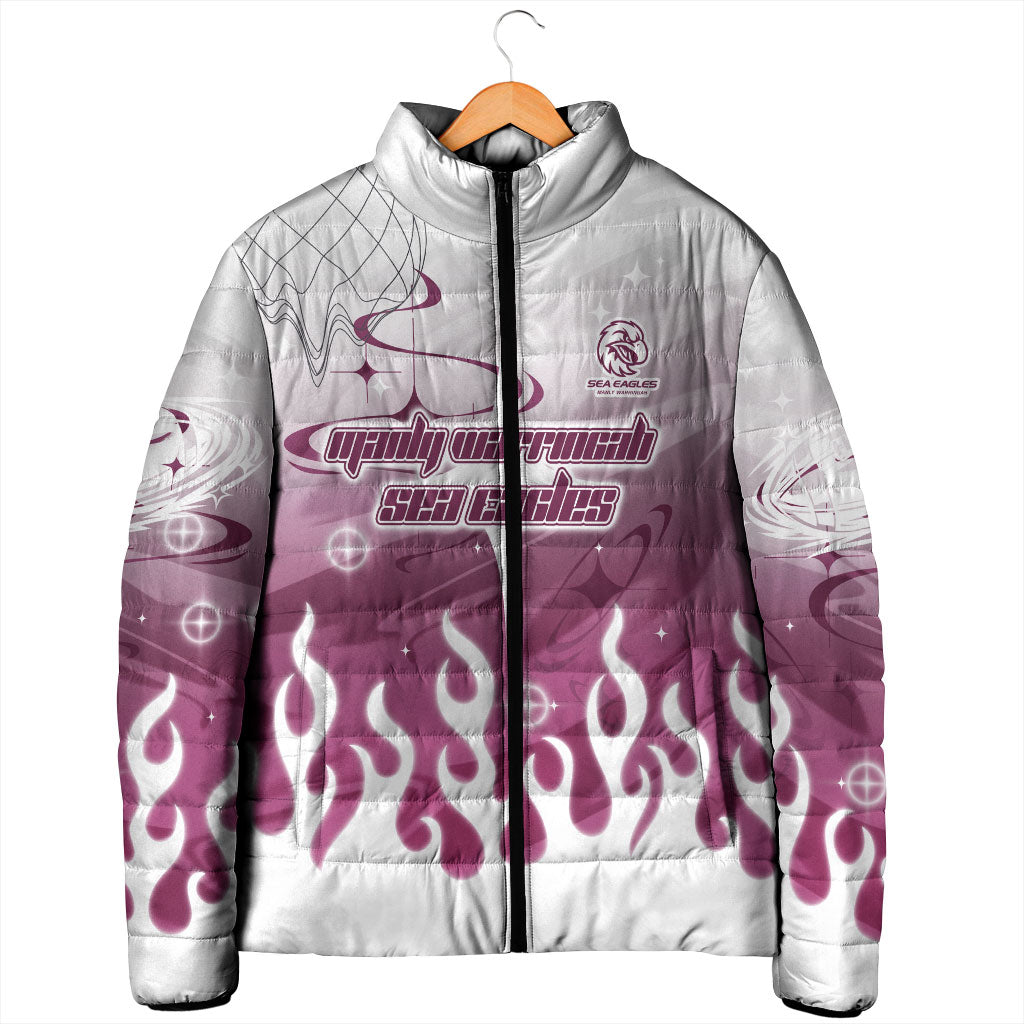 Personalized Manly Warringah Sea Eagles Padded Jacket Y2K Grunge Aesthetic With Cyber Flames and Starburst Graphics
