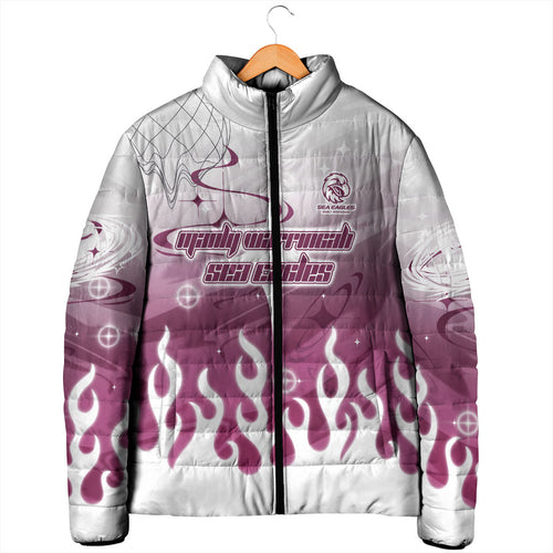 Personalized Manly Warringah Sea Eagles Padded Jacket Y2K Grunge Aesthetic With Cyber Flames and Starburst Graphics