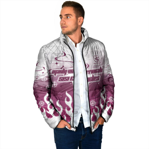 Personalized Manly Warringah Sea Eagles Padded Jacket Y2K Grunge Aesthetic With Cyber Flames and Starburst Graphics