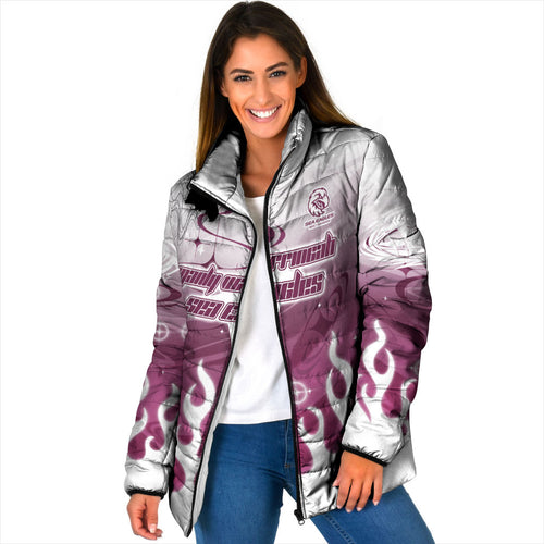 Personalized Manly Warringah Sea Eagles Padded Jacket Y2K Grunge Aesthetic With Cyber Flames and Starburst Graphics