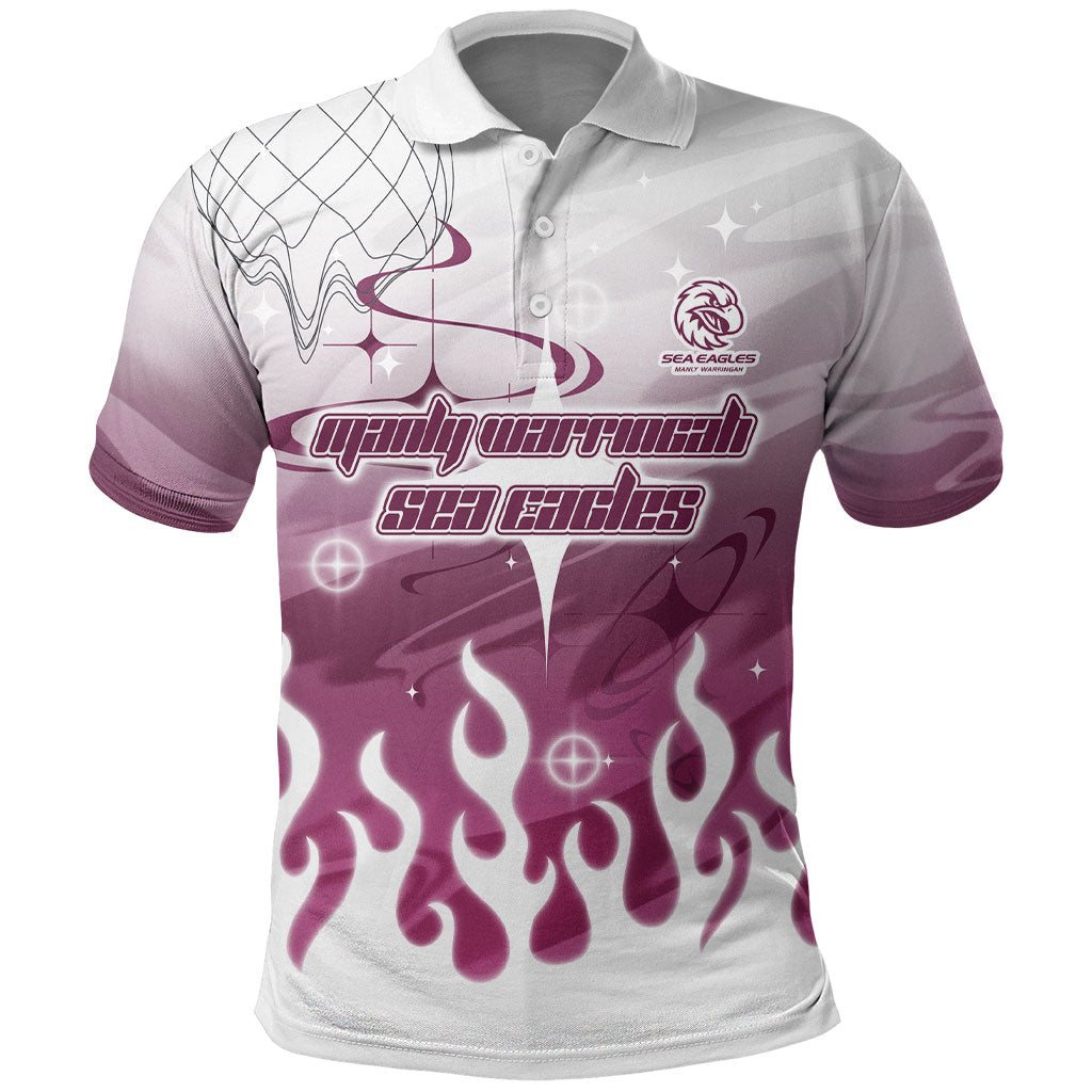 Personalized Manly Warringah Sea Eagles Polo Shirt Y2K Grunge Aesthetic With Cyber Flames and Starburst Graphics