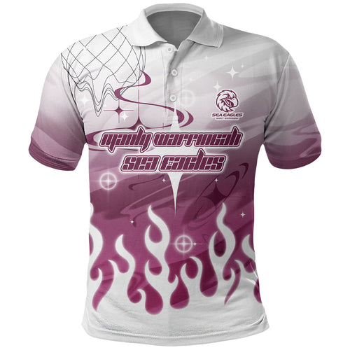 Personalized Manly Warringah Sea Eagles Polo Shirt Y2K Grunge Aesthetic With Cyber Flames and Starburst Graphics