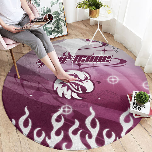 Personalized Manly Warringah Sea Eagles Round Carpet Y2K Grunge Aesthetic With Cyber Flames and Starburst Graphics