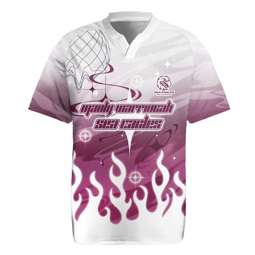 Personalized Manly Warringah Sea Eagles Rugby Jersey Y2K Grunge Aesthetic With Cyber Flames and Starburst Graphics