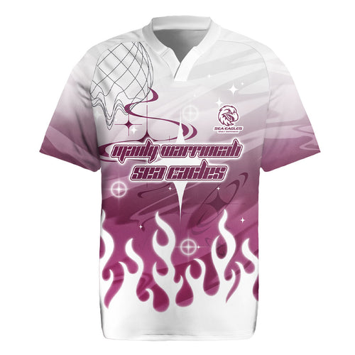 Personalized Manly Warringah Sea Eagles Rugby Jersey Y2K Grunge Aesthetic With Cyber Flames and Starburst Graphics