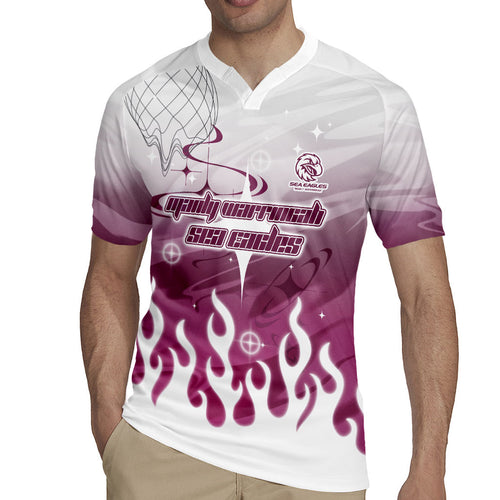 Personalized Manly Warringah Sea Eagles Rugby Jersey Y2K Grunge Aesthetic With Cyber Flames and Starburst Graphics