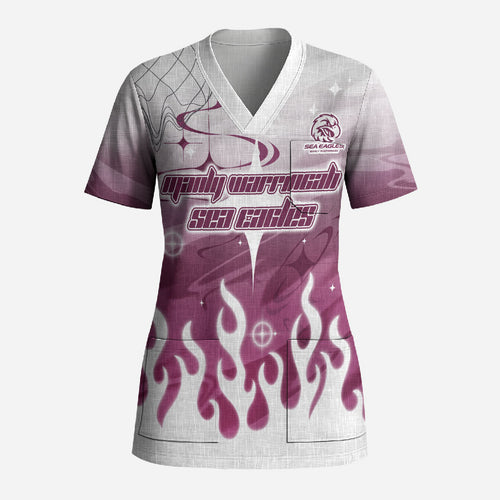 Personalized Manly Warringah Sea Eagles Scrub Top Y2K Grunge Aesthetic With Cyber Flames and Starburst Graphics