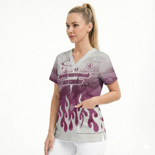 Personalized Manly Warringah Sea Eagles Scrub Top Y2K Grunge Aesthetic With Cyber Flames and Starburst Graphics