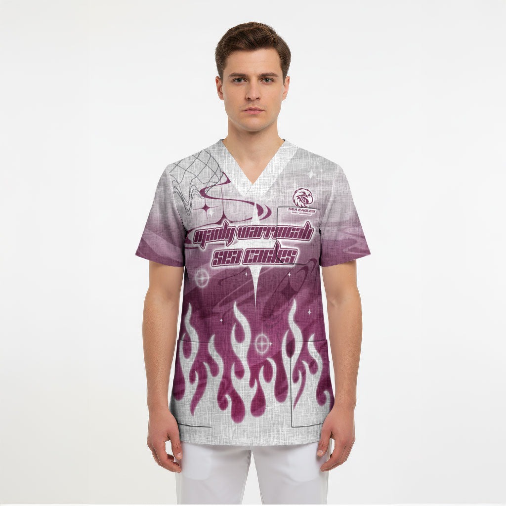 Personalized Manly Warringah Sea Eagles Scrub Top Y2K Grunge Aesthetic With Cyber Flames and Starburst Graphics