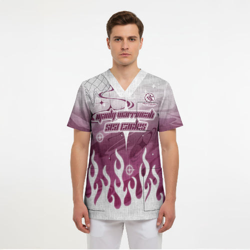 Personalized Manly Warringah Sea Eagles Scrub Top Y2K Grunge Aesthetic With Cyber Flames and Starburst Graphics
