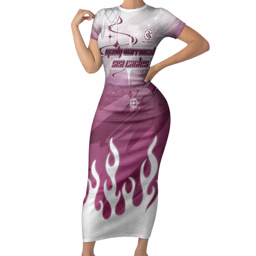 Personalized Manly Warringah Sea Eagles Short Sleeve Bodycon Dress Y2K Grunge Aesthetic With Cyber Flames and Starburst Graphics
