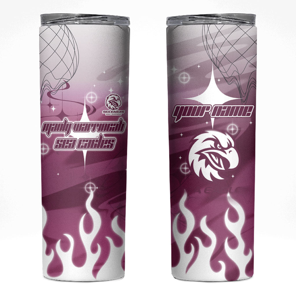 Personalized Manly Warringah Sea Eagles Skinny Tumbler Y2K Grunge Aesthetic With Cyber Flames and Starburst Graphics