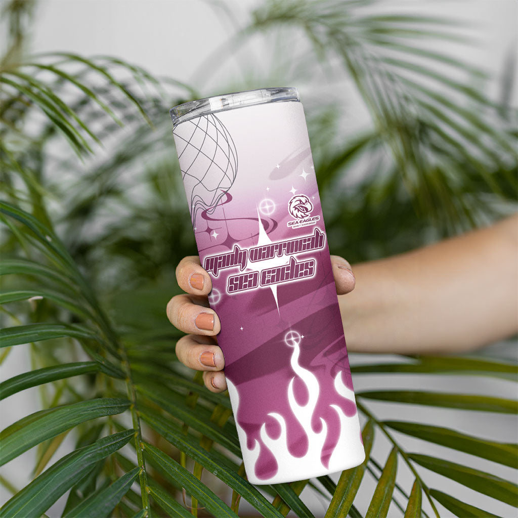Personalized Manly Warringah Sea Eagles Skinny Tumbler Y2K Grunge Aesthetic With Cyber Flames and Starburst Graphics