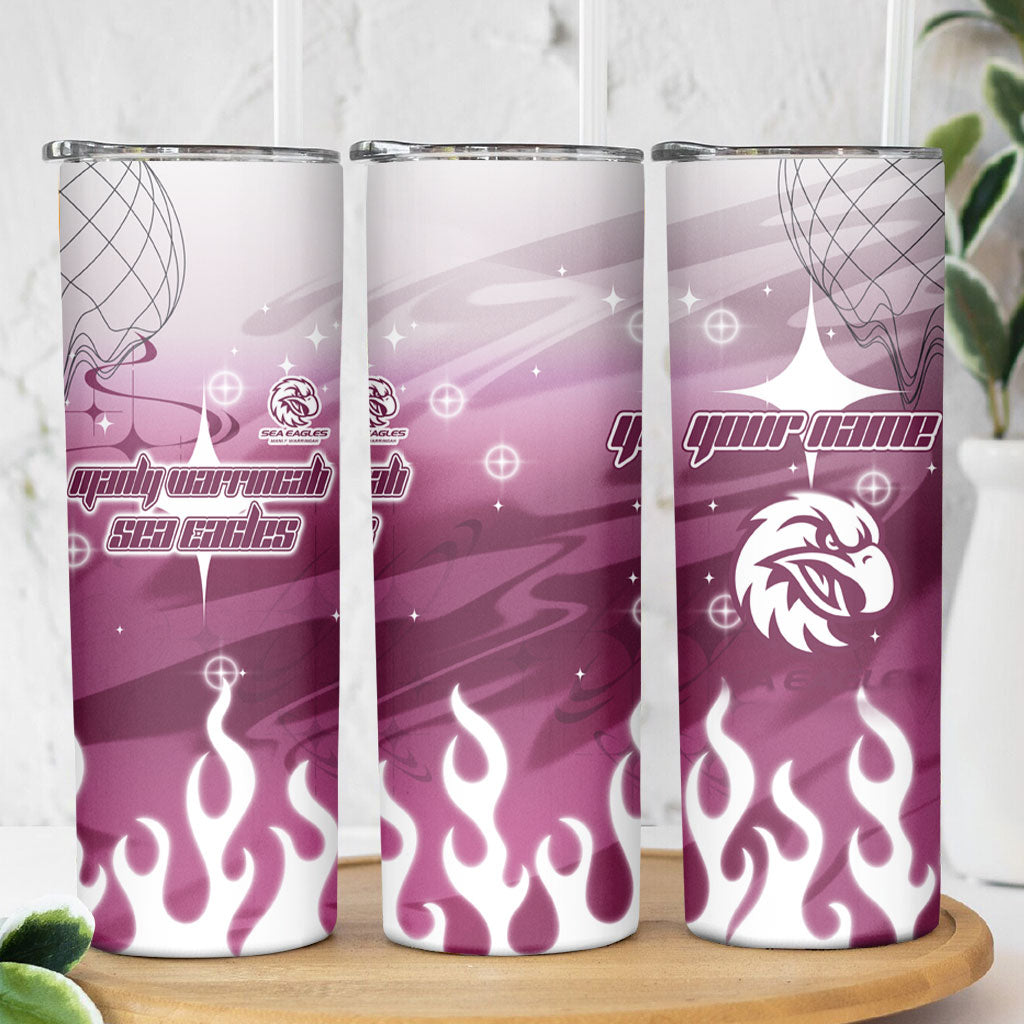 Personalized Manly Warringah Sea Eagles Skinny Tumbler Y2K Grunge Aesthetic With Cyber Flames and Starburst Graphics