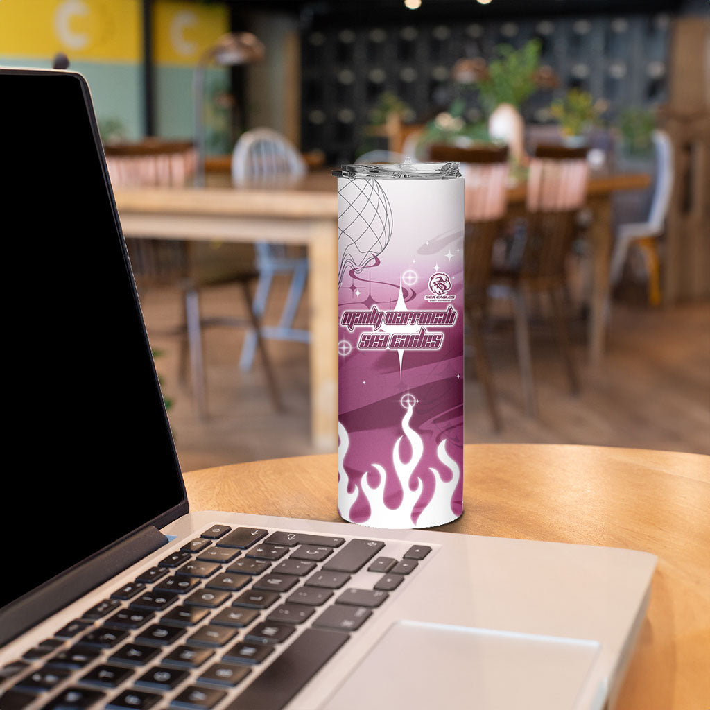 Personalized Manly Warringah Sea Eagles Skinny Tumbler Y2K Grunge Aesthetic With Cyber Flames and Starburst Graphics