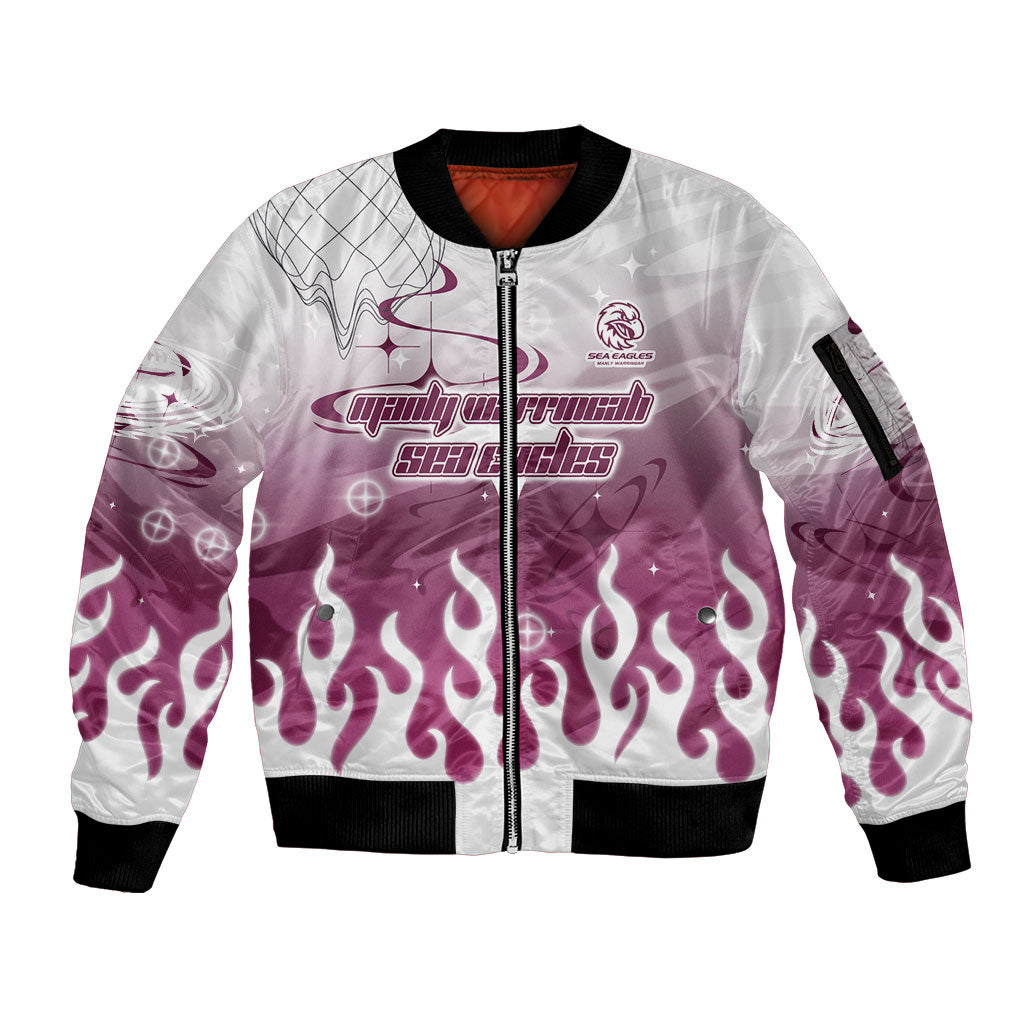 Personalized Manly Warringah Sea Eagles Sleeve Zip Bomber Jacket Y2K Grunge Aesthetic With Cyber Flames and Starburst Graphics