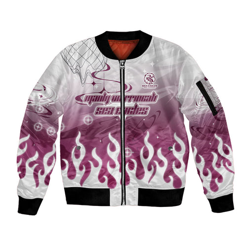Personalized Manly Warringah Sea Eagles Sleeve Zip Bomber Jacket Y2K Grunge Aesthetic With Cyber Flames and Starburst Graphics