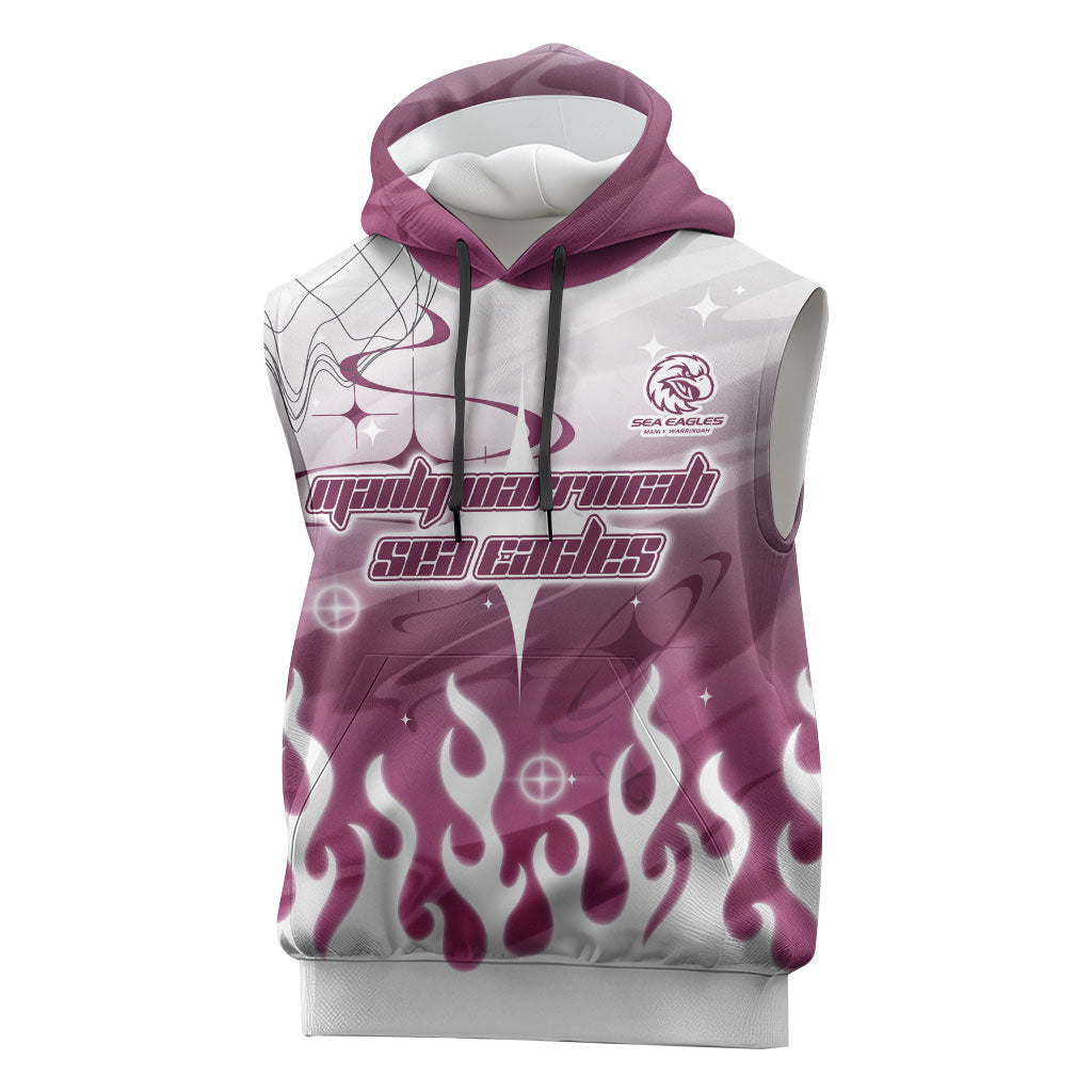 Personalized Manly Warringah Sea Eagles Sleeveless Hoodie Y2K Grunge Aesthetic With Cyber Flames and Starburst Graphics
