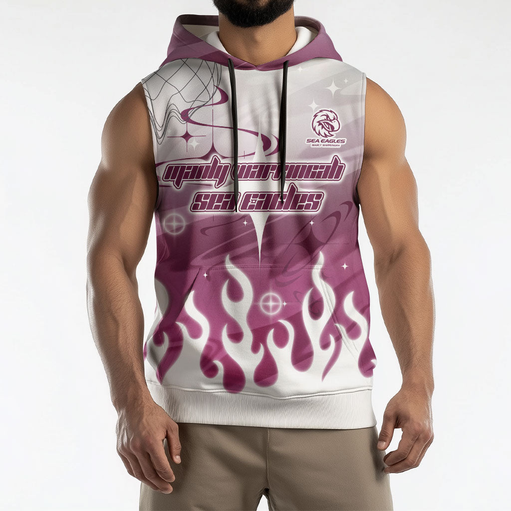 Personalized Manly Warringah Sea Eagles Sleeveless Hoodie Y2K Grunge Aesthetic With Cyber Flames and Starburst Graphics