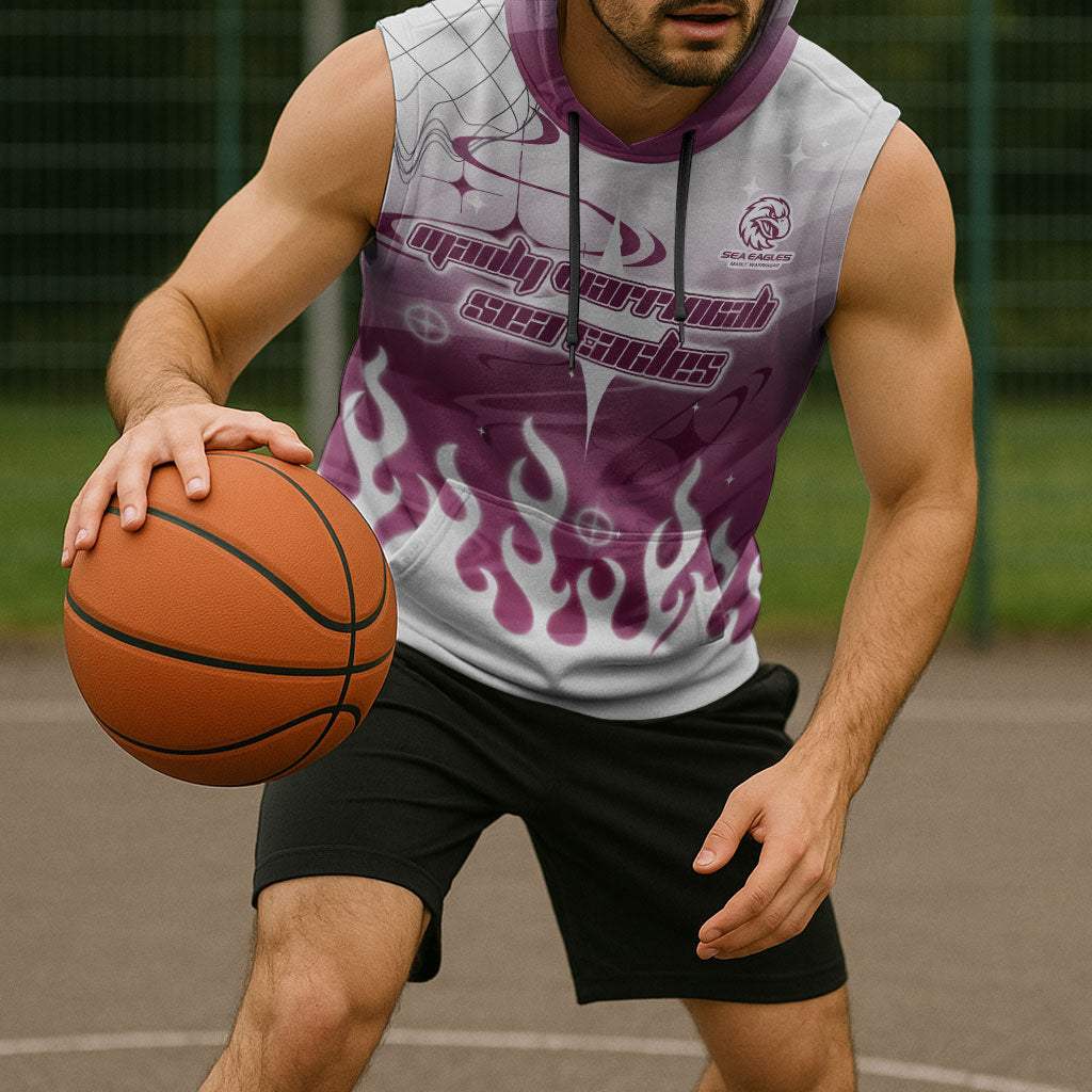 Personalized Manly Warringah Sea Eagles Sleeveless Hoodie Y2K Grunge Aesthetic With Cyber Flames and Starburst Graphics