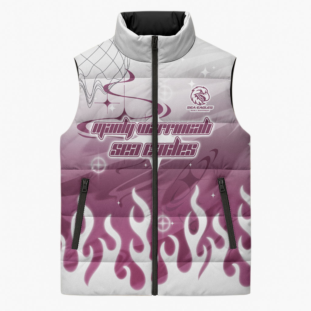 Personalized Manly Warringah Sea Eagles Sleeveless Puffer Jacket Y2K Grunge Aesthetic With Cyber Flames and Starburst Graphics