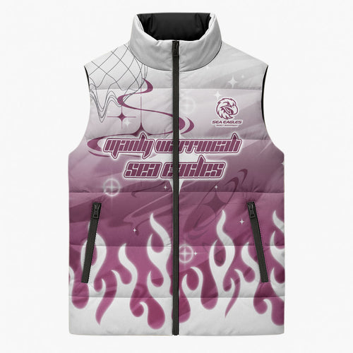 Personalized Manly Warringah Sea Eagles Sleeveless Puffer Jacket Y2K Grunge Aesthetic With Cyber Flames and Starburst Graphics