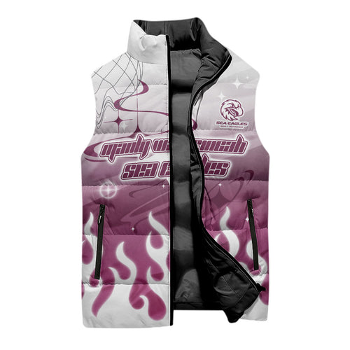 Personalized Manly Warringah Sea Eagles Sleeveless Puffer Jacket Y2K Grunge Aesthetic With Cyber Flames and Starburst Graphics