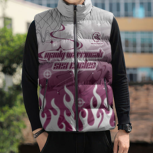 Personalized Manly Warringah Sea Eagles Sleeveless Puffer Jacket Y2K Grunge Aesthetic With Cyber Flames and Starburst Graphics