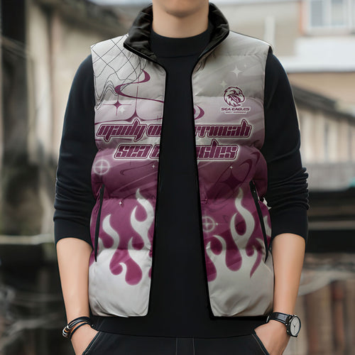 Personalized Manly Warringah Sea Eagles Sleeveless Puffer Jacket Y2K Grunge Aesthetic With Cyber Flames and Starburst Graphics