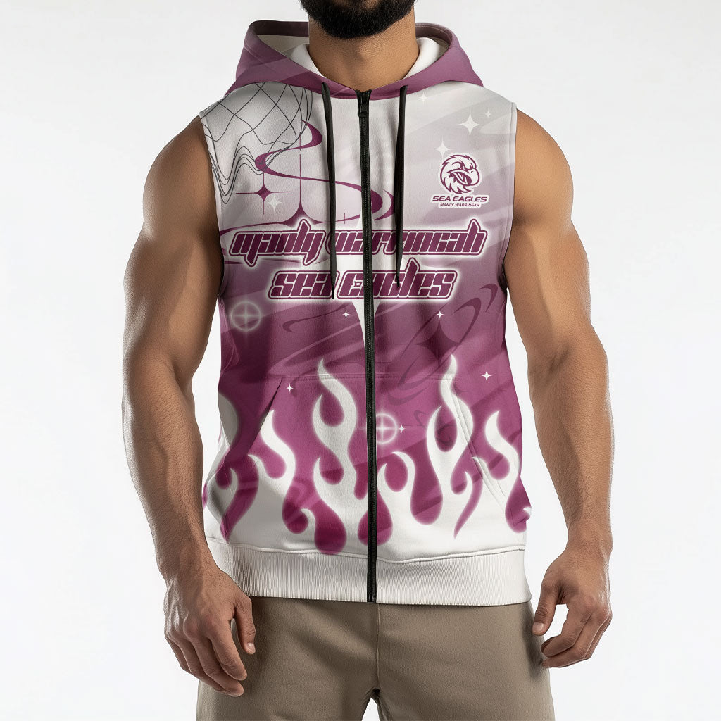 Personalized Manly Warringah Sea Eagles Sleeveless Zip Hoodie Y2K Grunge Aesthetic With Cyber Flames and Starburst Graphics