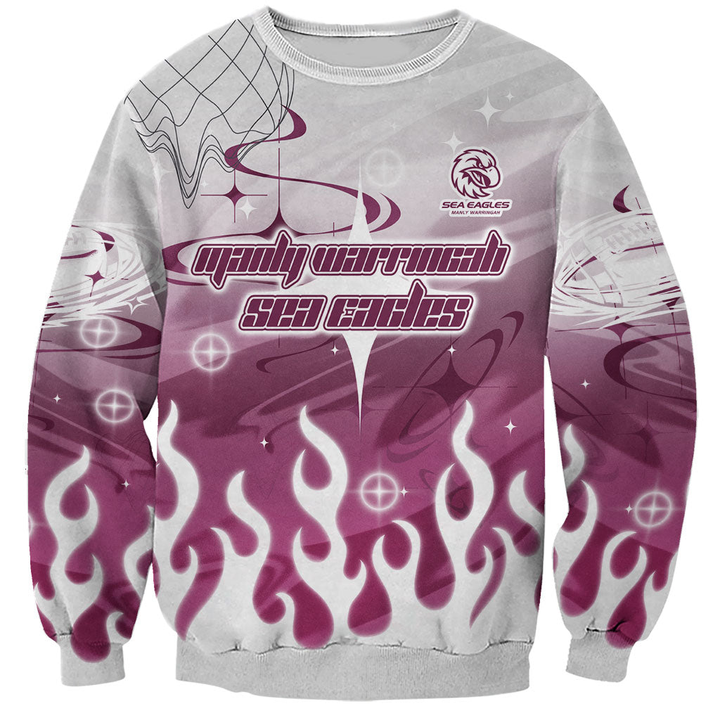 Personalized Manly Warringah Sea Eagles Sweatshirt Y2K Grunge Aesthetic With Cyber Flames and Starburst Graphics