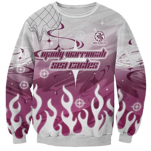 Personalized Manly Warringah Sea Eagles Sweatshirt Y2K Grunge Aesthetic With Cyber Flames and Starburst Graphics