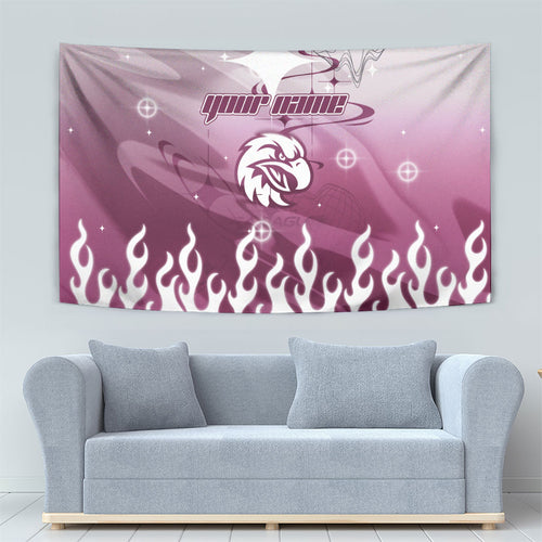 Personalized Manly Warringah Sea Eagles Tapestry Y2K Grunge Aesthetic With Cyber Flames and Starburst Graphics