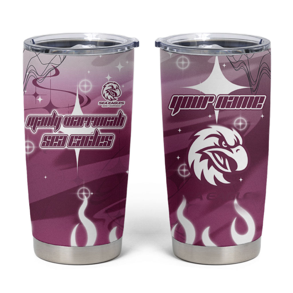 Personalized Manly Warringah Sea Eagles Tumbler Cup Y2K Grunge Aesthetic With Cyber Flames and Starburst Graphics