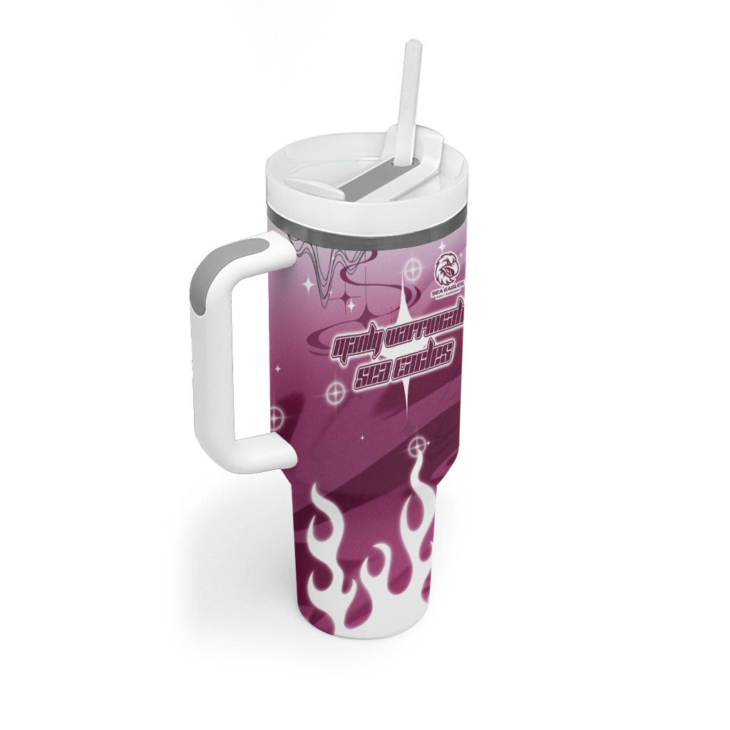 Personalized Manly Warringah Sea Eagles Tumbler With Handle Y2K Grunge Aesthetic With Cyber Flames and Starburst Graphics